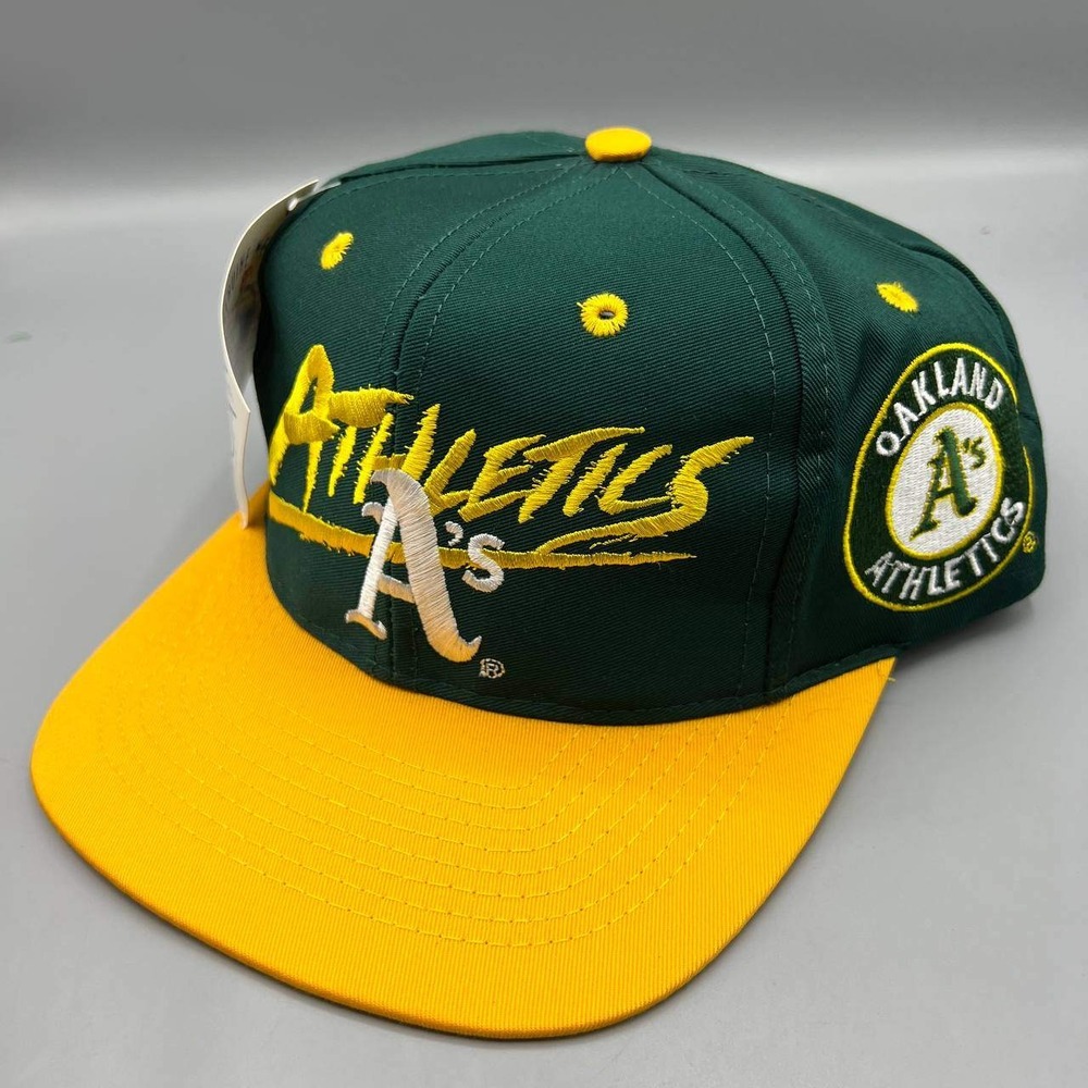 Vintage Oakland Athletics Hat Men Green Yellow‎ Signatures MLB Snap Back Cap New
